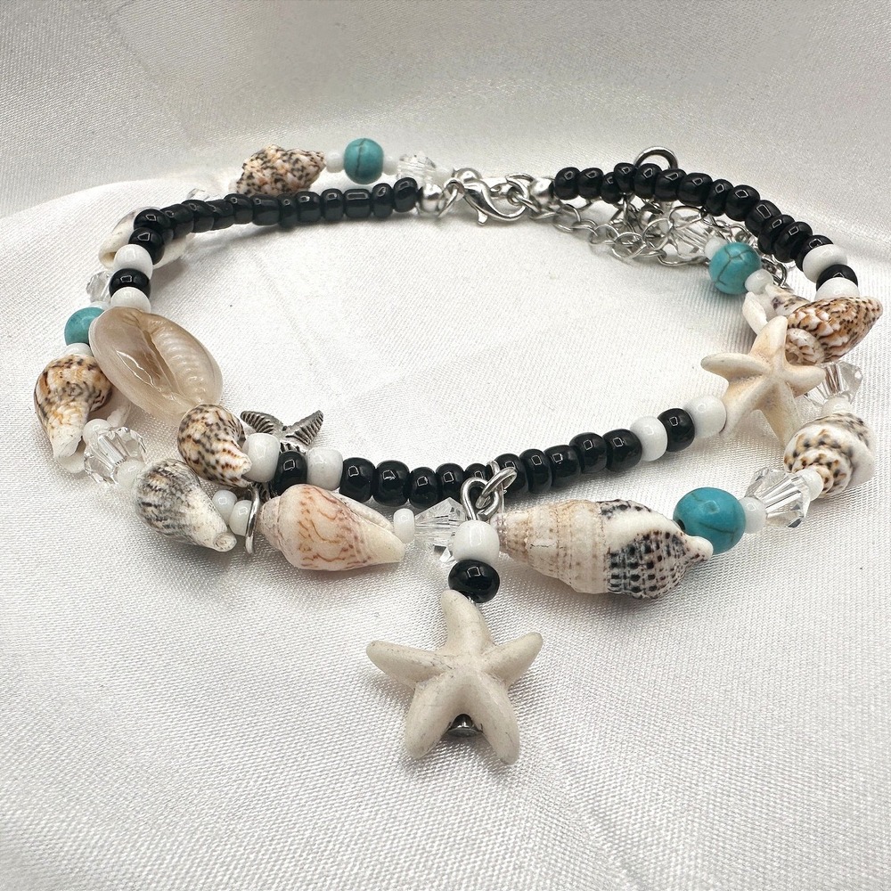 Vintage 90s‎ Seashell Starfish Glass Beads Bracelets Set Beach Fashion Jewelry